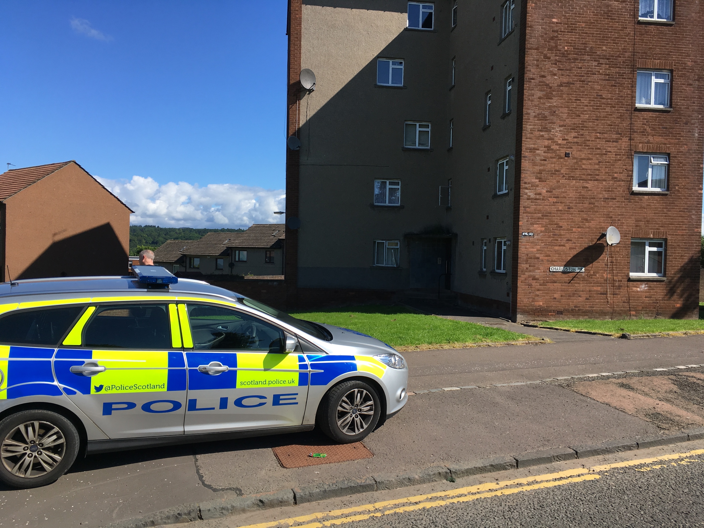 Police outside the Charleston Drive block of flats on Wednesday morning.