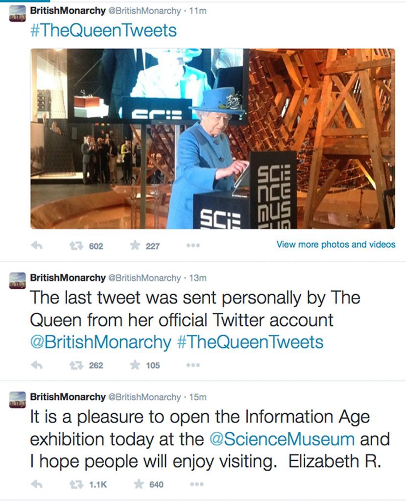 The Queen, takes a glove off and sends her first tweet in 2014.