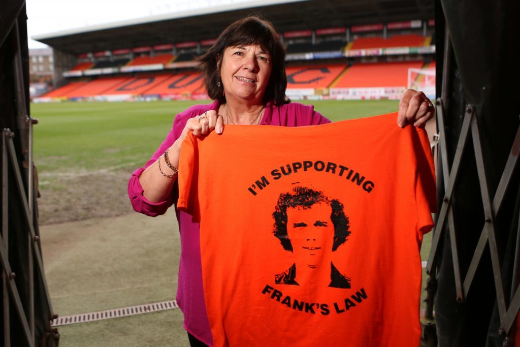 Kris Miller, Courier, 22/04/16. Picture today at Tannadice where Amanda Kopel visited to deliver Frank's Law Tshirts ahead of Sundays game with Hamilton. Both teams will take to the pitch wearing the t-shirts to show the support for the campaign to get free health care for people under the age of 65 with dementia. Tshirts will also be on sale ahead of the game inside the ground.