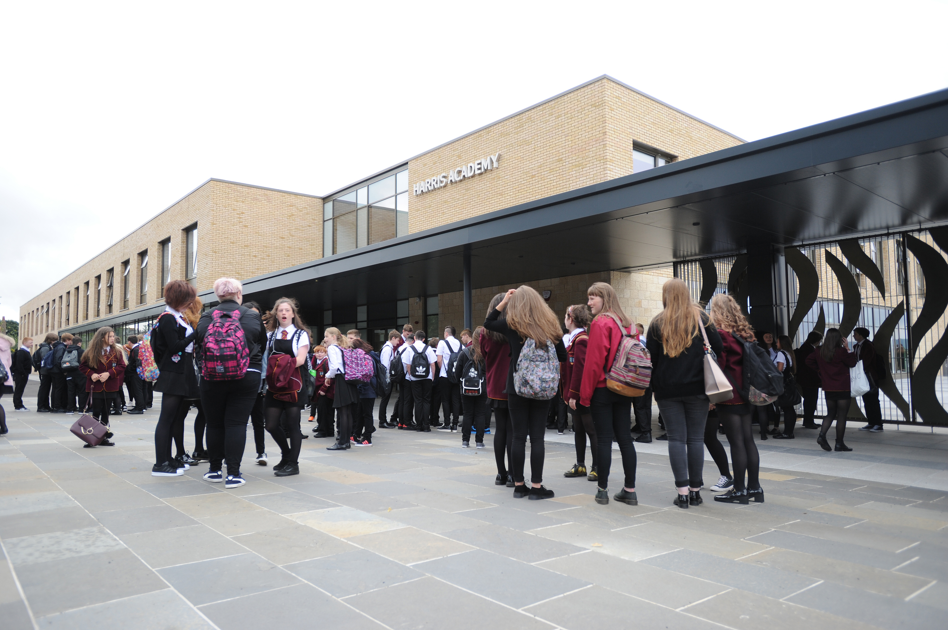 Pupils arriving at Harris Academy located on the Perth Road, Dundee.