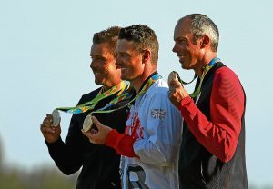Henrik Stenson, Justin Rose and Matt Kuchar with their Olympic medals.