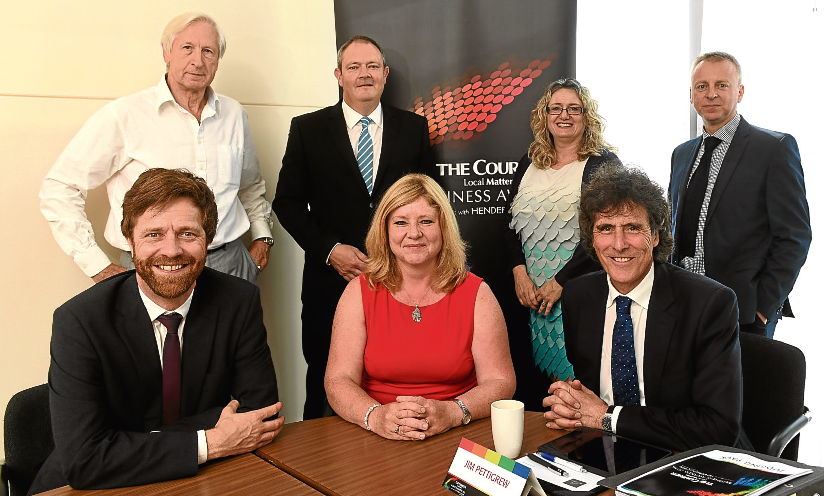 The judging panel for the Courier Business Awards 2016. Back from left: Nick Kuenssberg, Richard Neville, Alison Henderson, Philip Long. Front: David Smith, Jackie Waring and panel chairman Jim Pettigrew.