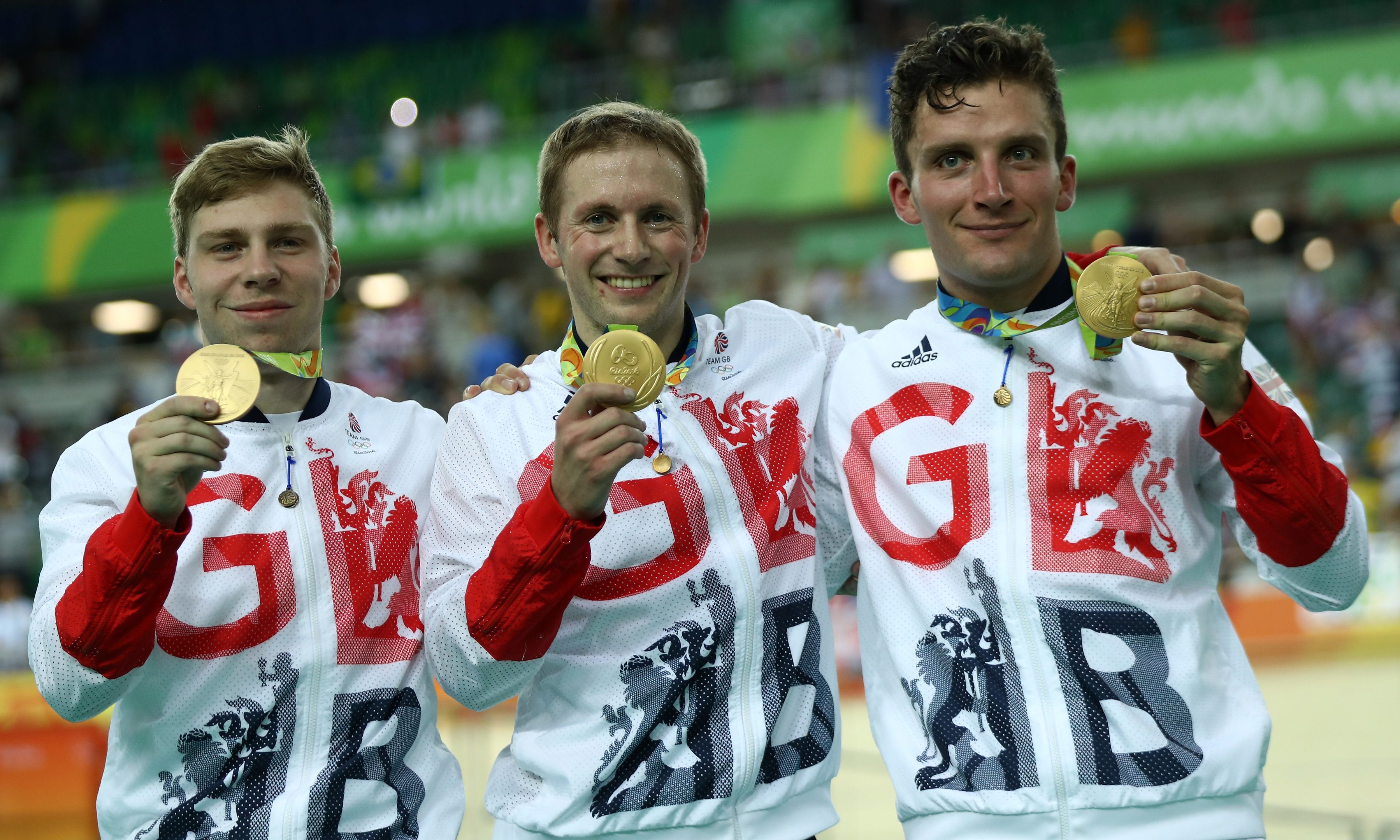 Philip Hindes, Jason Kenny and Callum Skinner with their gold medals.