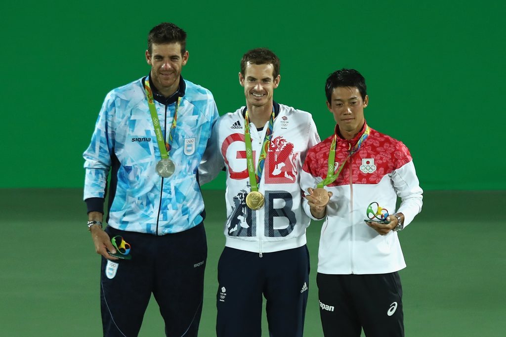Silver medalist Juan Martin Del Potro of Argentina, gold medalist Andy Murray of Great Britain and bronze medalist Kei Nishikori of Japan.