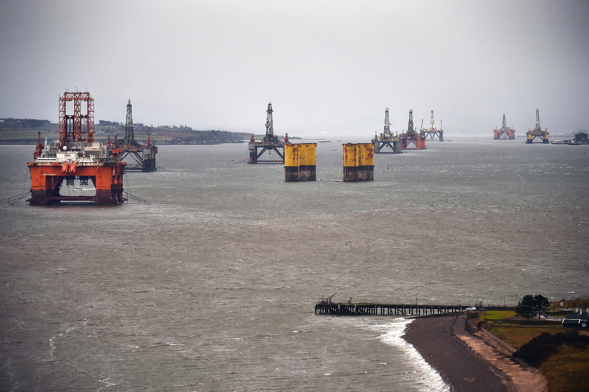 Oil platforms stacked up in the Cromarty Firth.