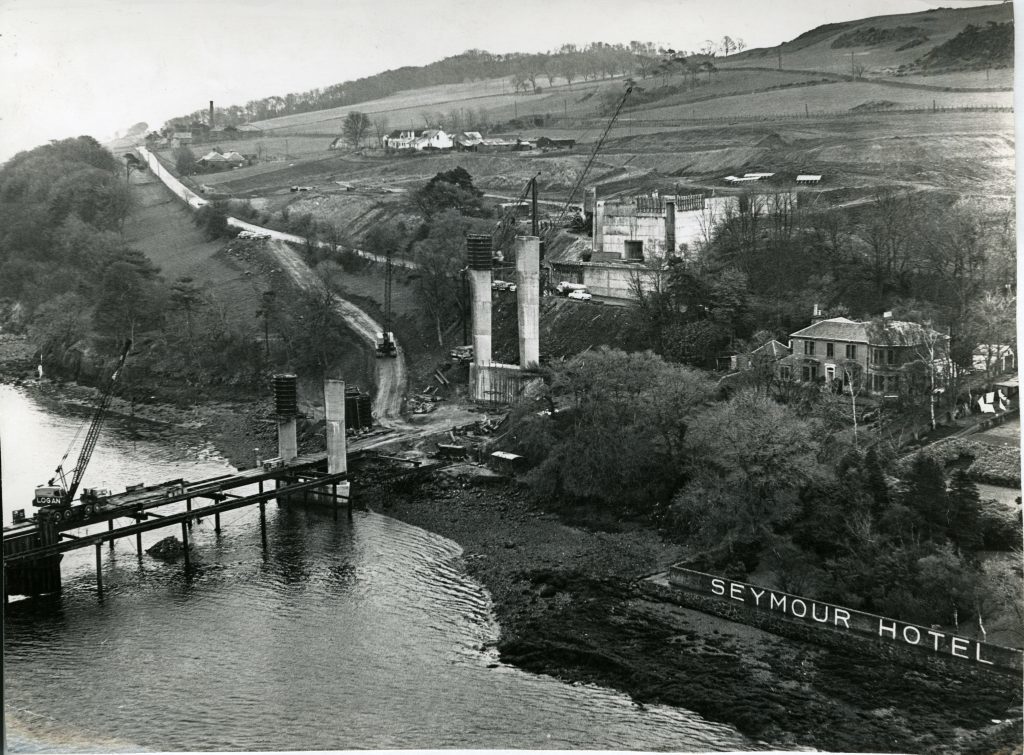 This aerial photograph shows the progress being made on the Fife end of the Tay Road Bridge, May 1965.