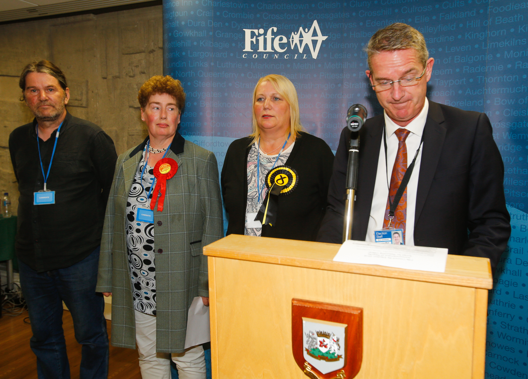 The candidates, including Labour's Mary Lockhart (second left), as the results for Thursday's The Lochs by-election are announced.