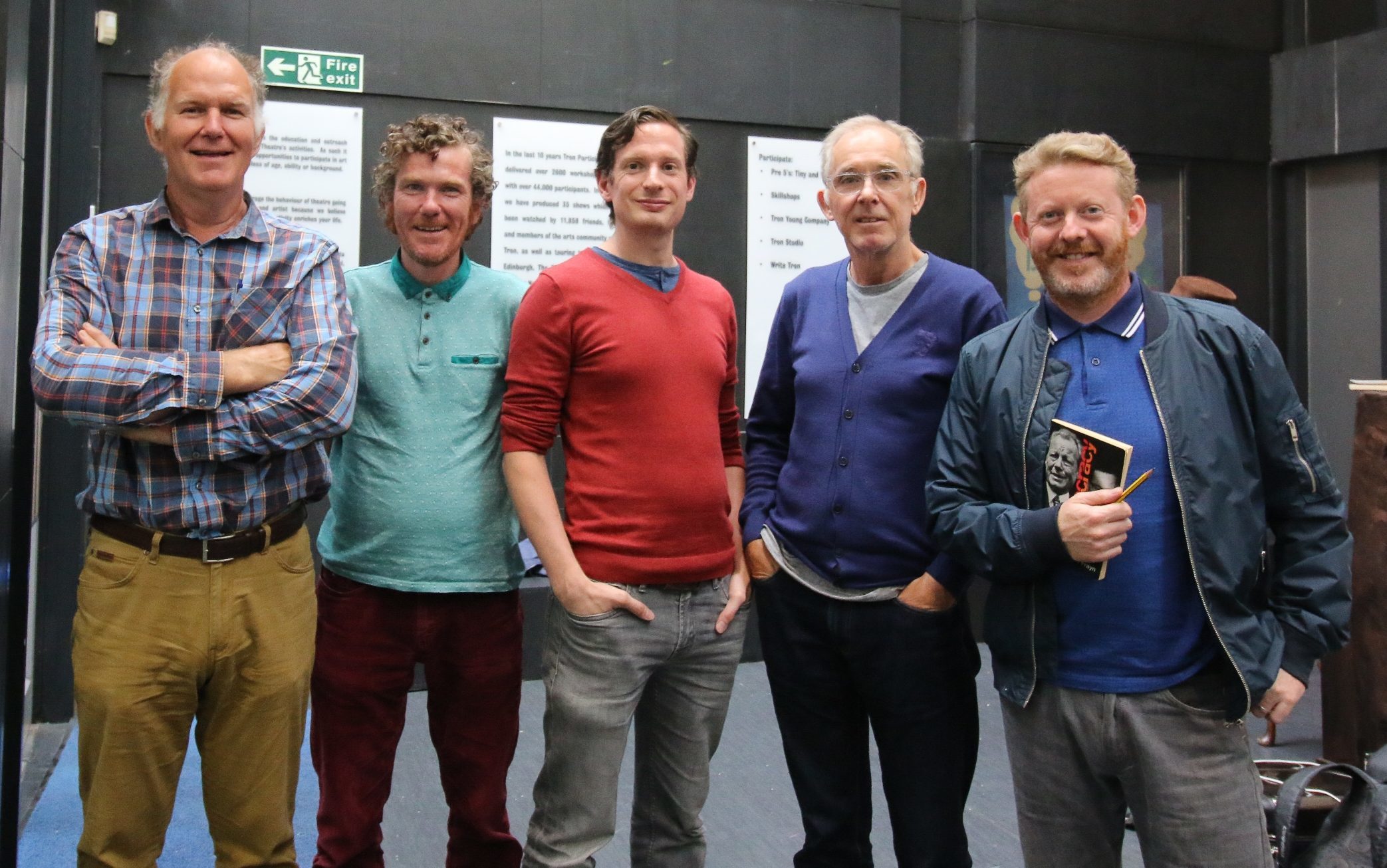 Rehearsal of Democracy - left to right,  Tom Hodgkins, Michael Moreland, Steven Scot Fitzgerald, Sean Scanlan, Colin McCredie.