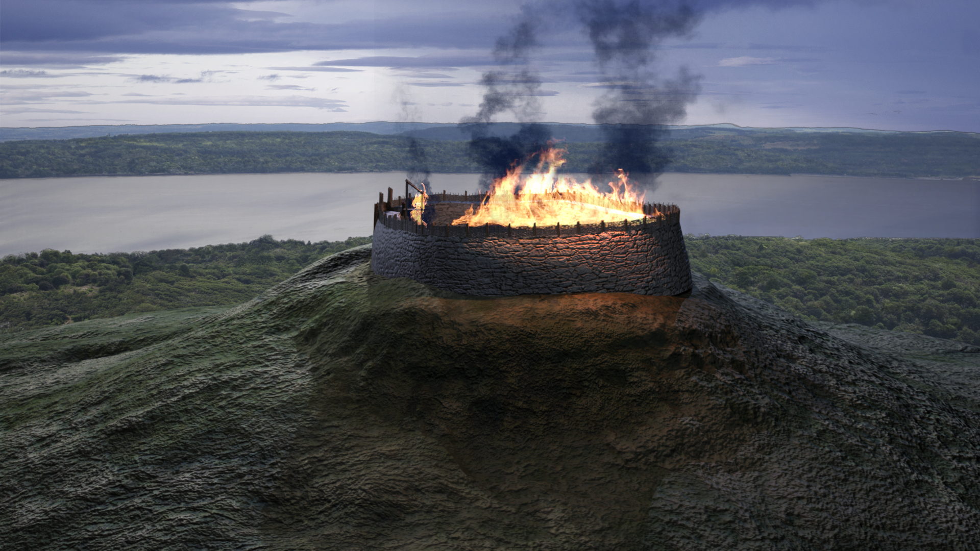 A 3D visualisation of the fire in the hillfort.