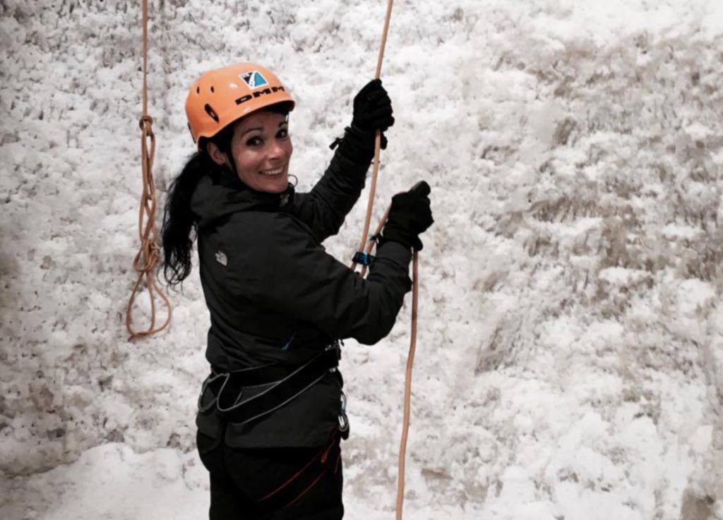 Gayle tackles the ice wall at Ice Factor, Kinlochleven.