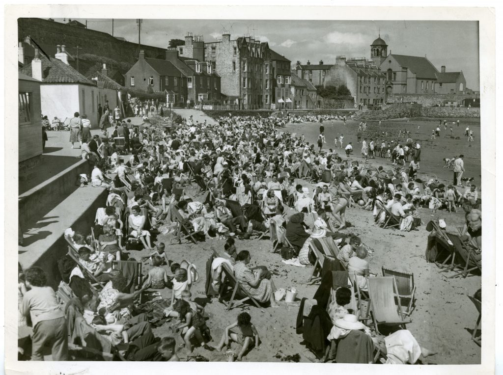 A crowded beach at Kinghorn, Fife, July 1957.