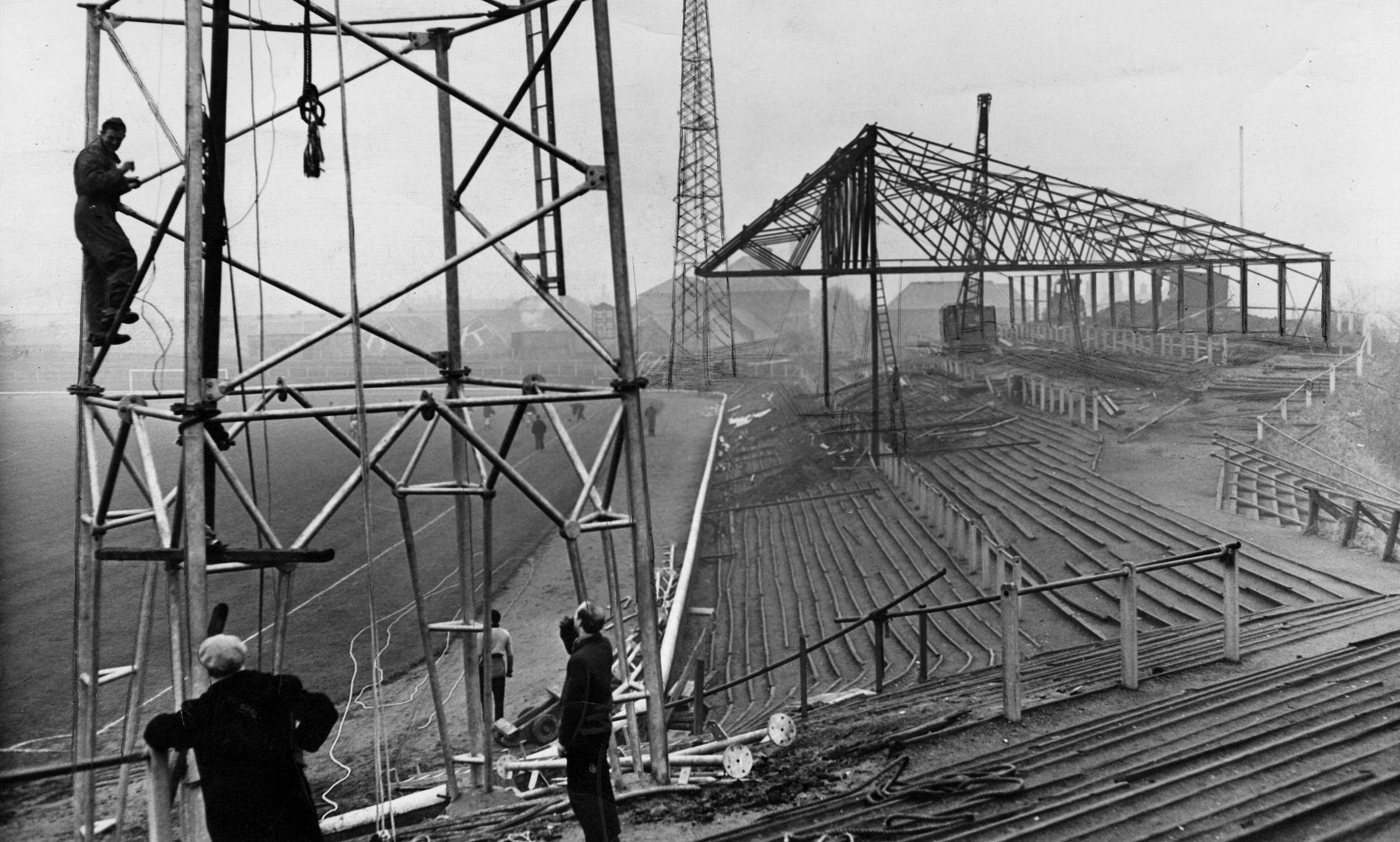 December 1959: Pylons being erected at Dens Park, 60 years after the move from Carolina Port.
