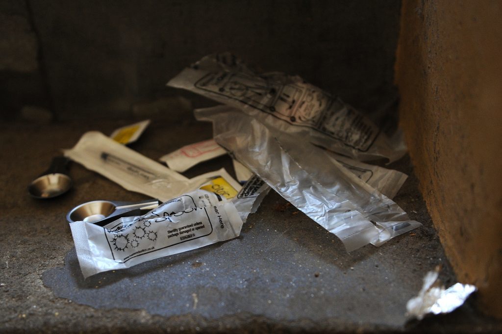 Drug equipment abandoned by a heroin addict in a Dundee stairwell