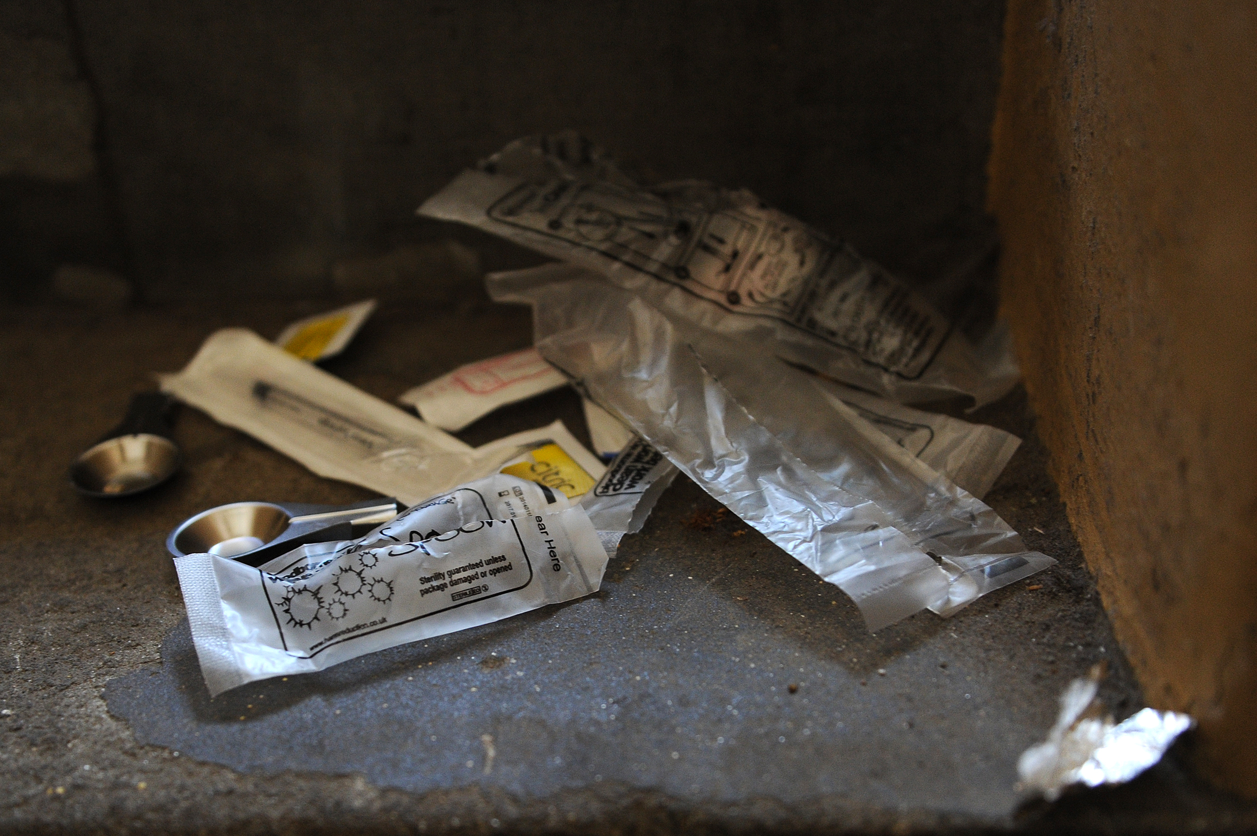 Drug equipment abandoned by a heroin addict in a Dundee stairwell.