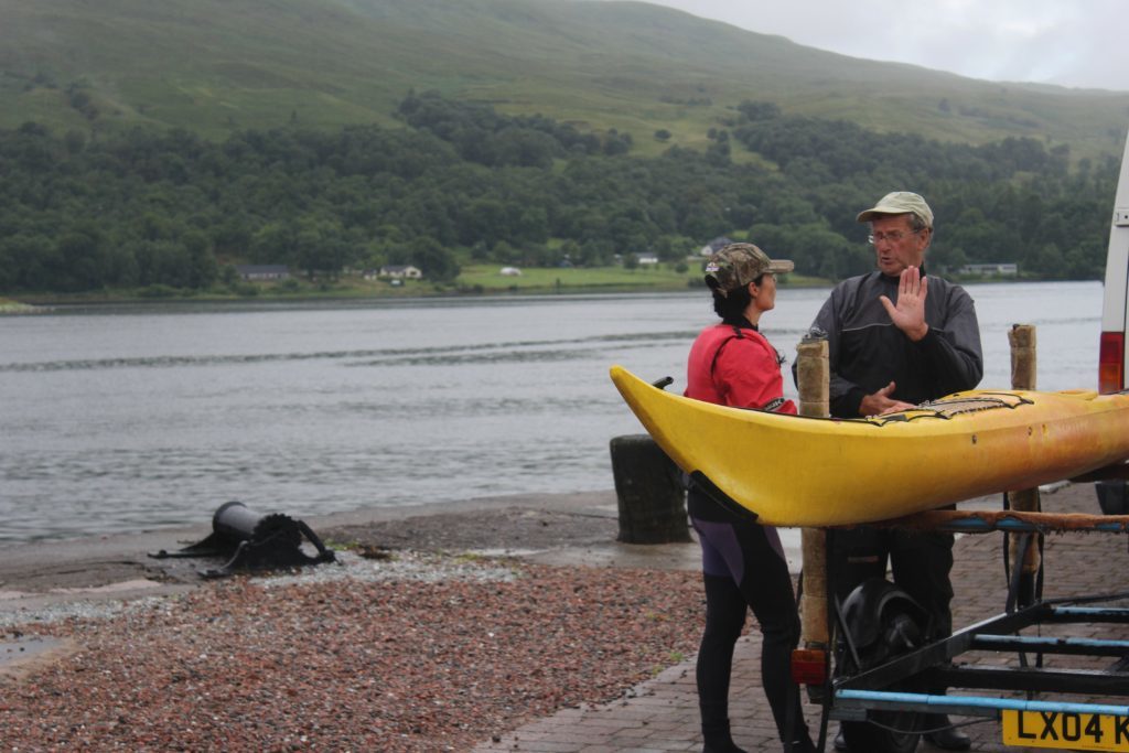 John Cuthbertson of Snowgoose Mountain Centre teaches Gayle the basics of sea kayaking.