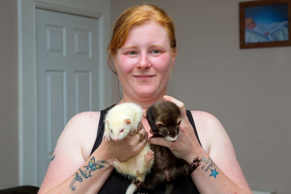 Marie Cunningham with two of her pet ferrets.
