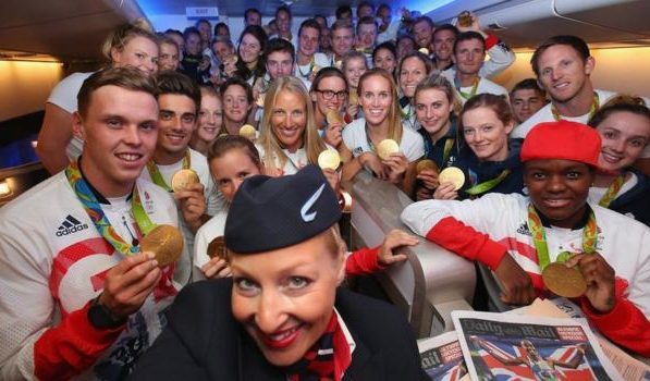 Part of the Great Britain Rio Olympics team take a selfie with their cabin crew