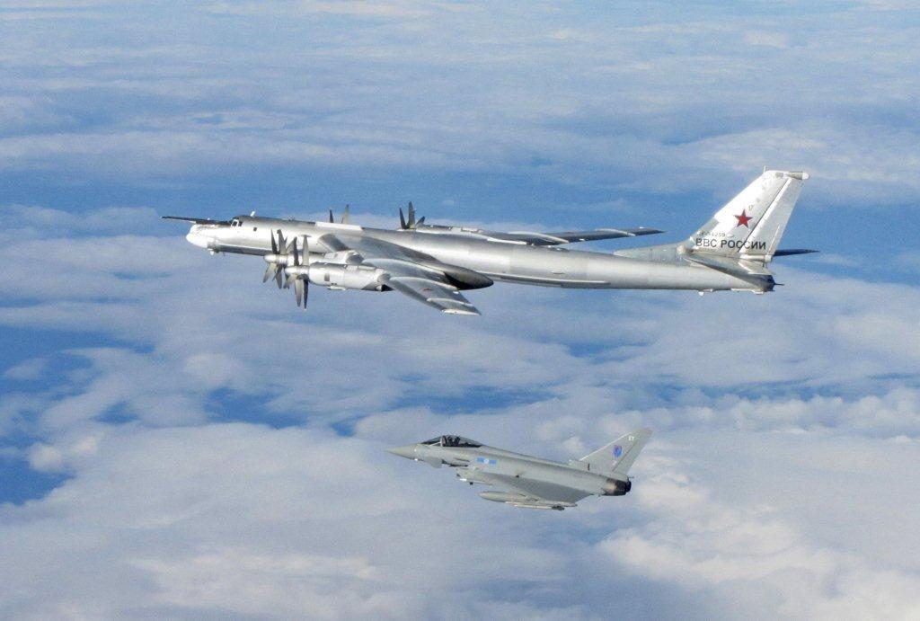 A Russian BEAR is escorted from UK airspace by a former RAF Leuchars jet