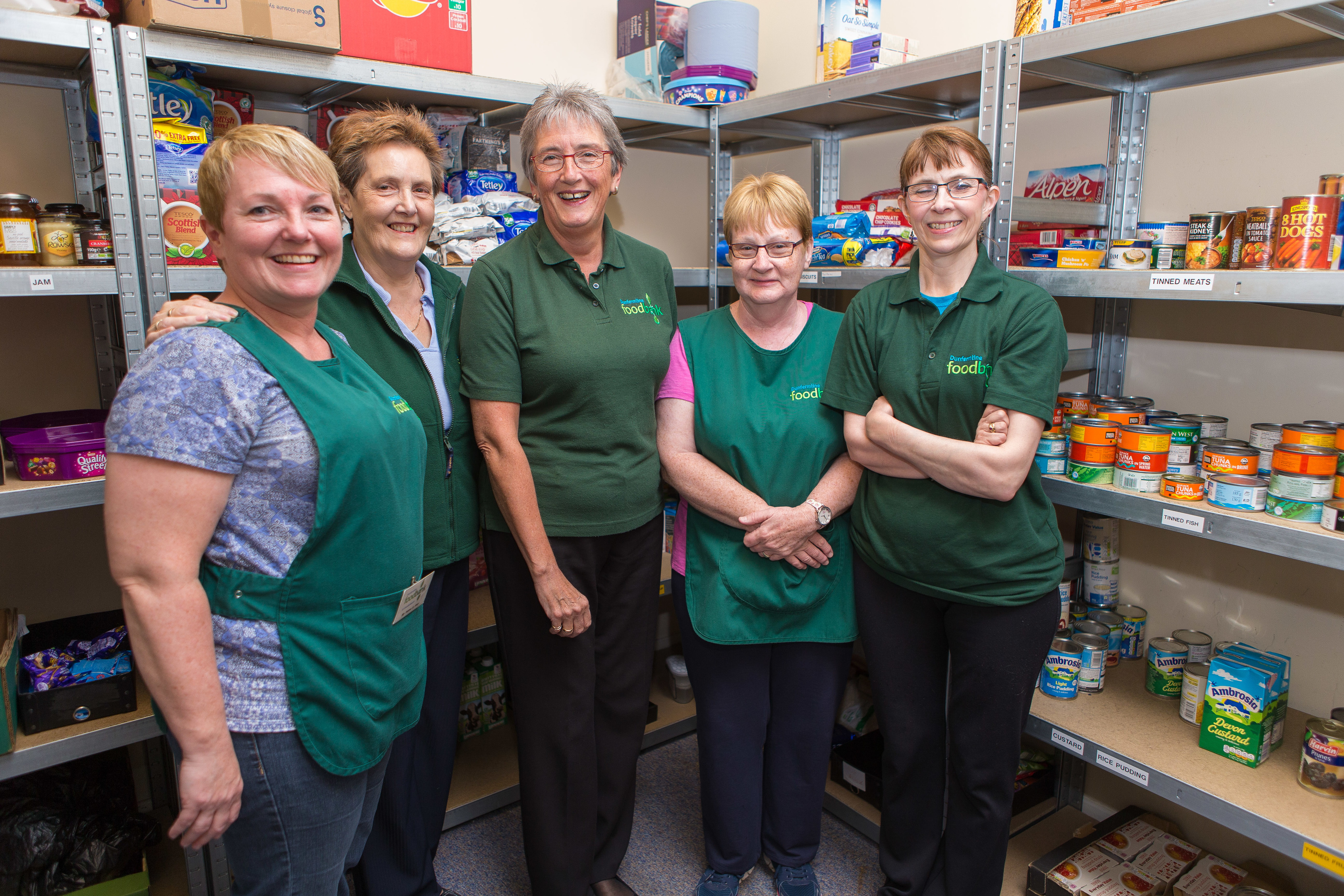 Volunteers at Dunfermline Foodbank's Cowdenbeath branch.  From left - Amy Sinclair, Liz Miller, Janet Gibson, Margaret Richardson and Judy Haddow.