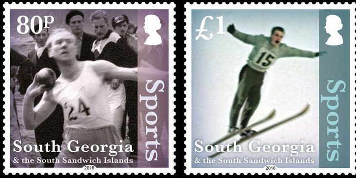 Some of the sporting events, photographed by John and made into commemorative stamps.