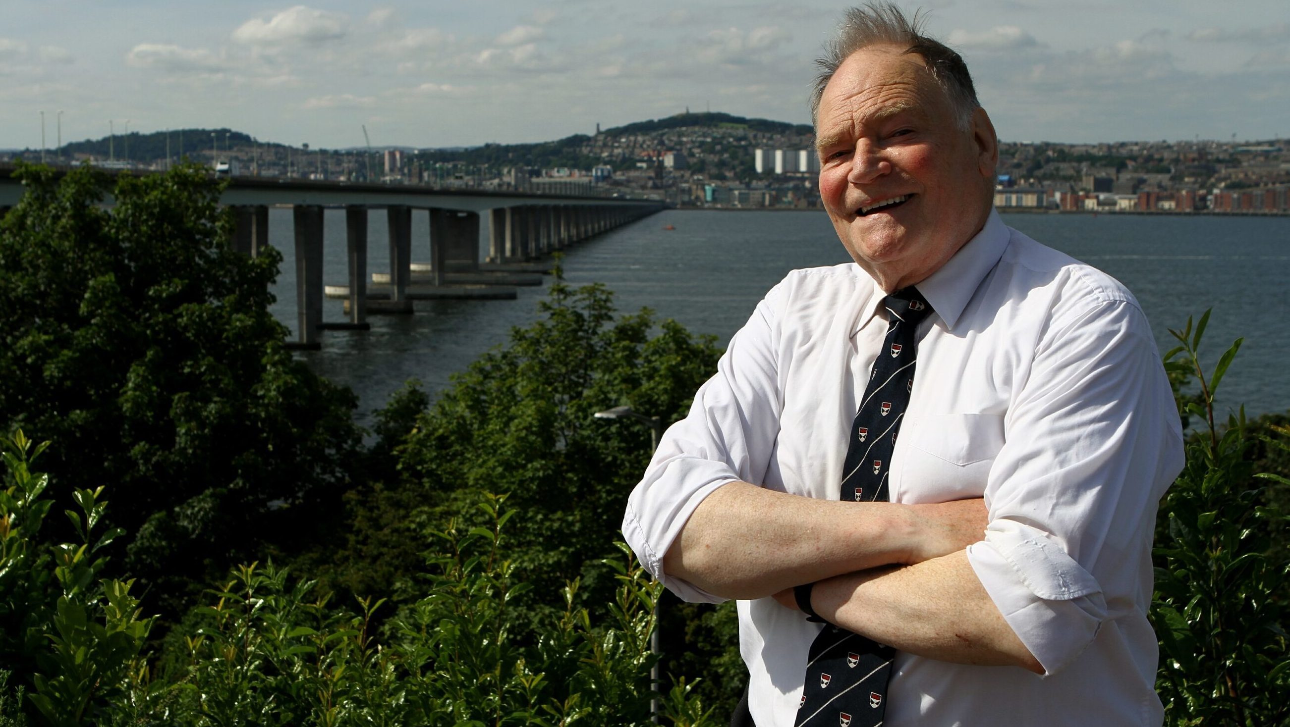 Hugh Pincott in 2016 when he returned to the Tay Road Bridge 50 years after he made history by becoming the first member of the public to drive across