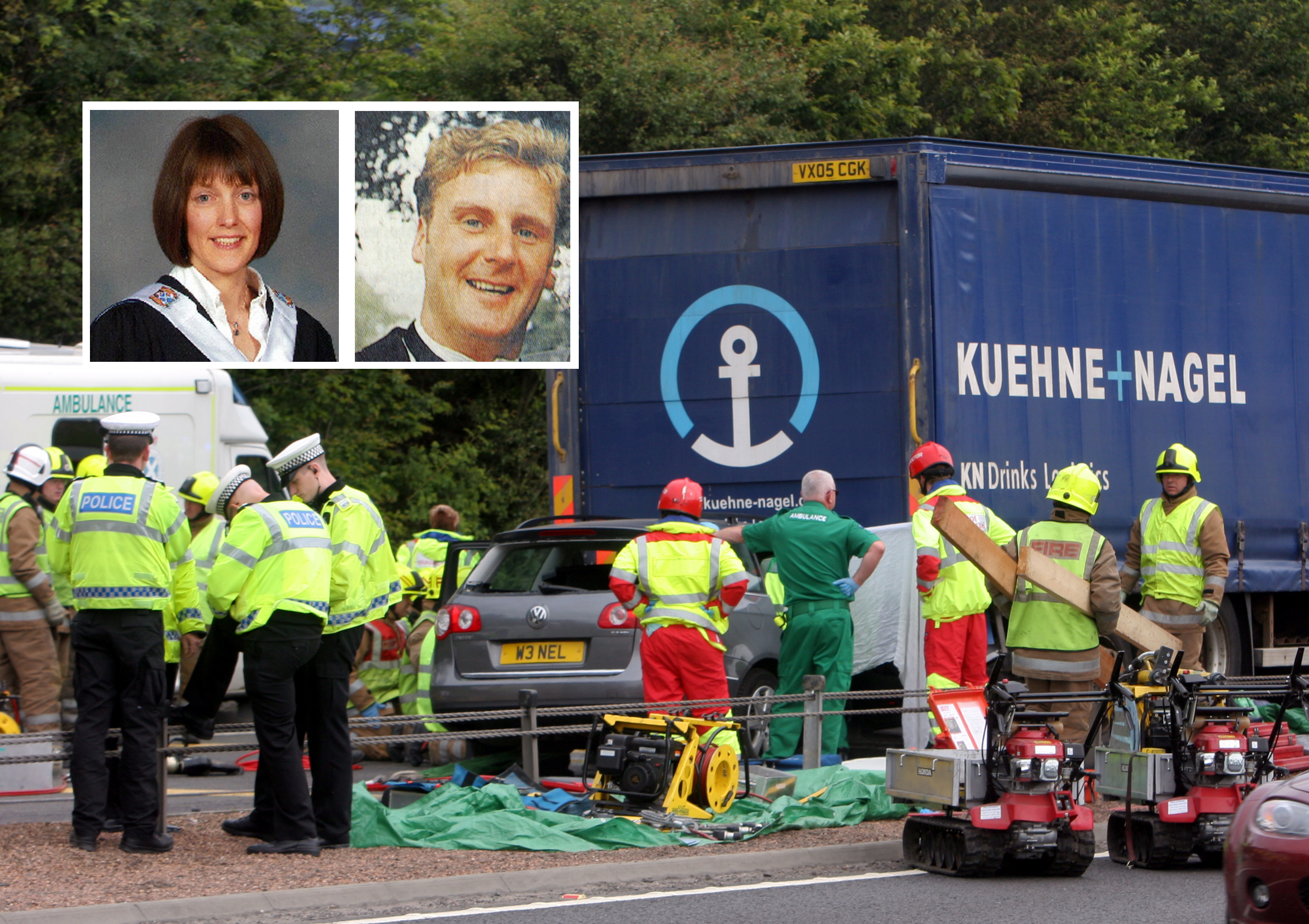 The scene on the A90 after Neil Cumming had killed his wife Barbara (both inset).