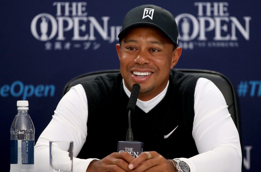 Tiger Woods wearing Nike gear during a press conference at the 2015 Open Championship in St Andrews