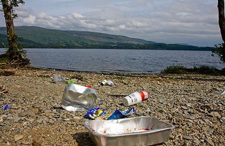 Litter on the shore of Loch Lomond where wild camping is being managed in some areas.