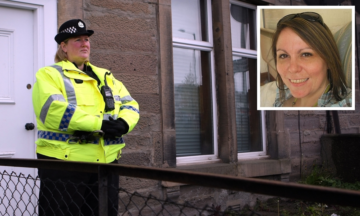 Police outside the flat after the killing. Inset: Victim Louise O'Brien.