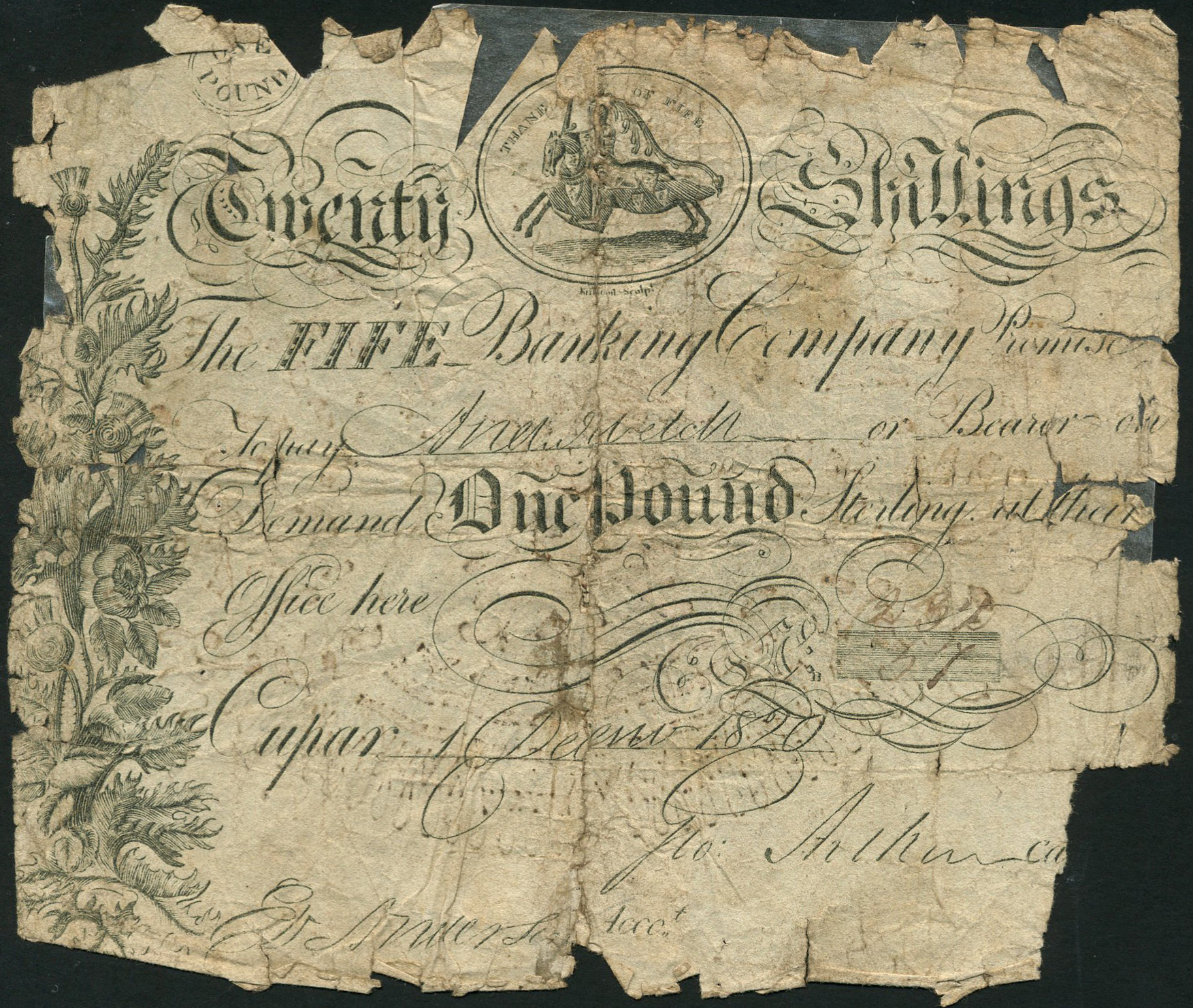 Fife Banking Company one pound note forgery, dated December 1, 1820 and featuring the word ‘Cupar’ and an image of the Thane of Fife on horseback. Pre-sale estimates are £100-£150 