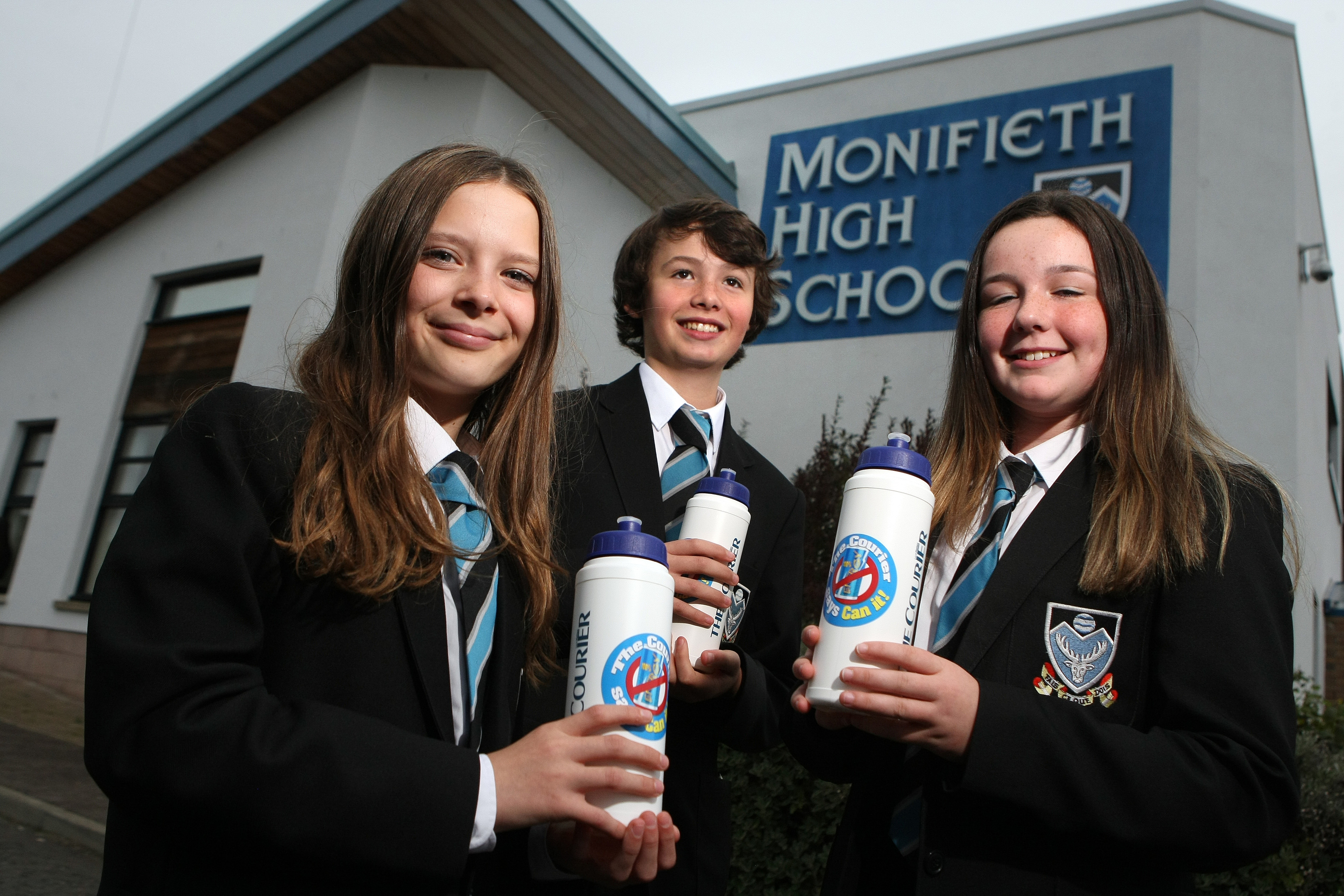 Rachael Crossan, Jamie Stewart and Lauren Mitchell with their Can It water bottles.