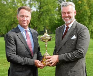 Captains Davis Love III and Darren Clarke with the Ryder Cup at Hazeltine.