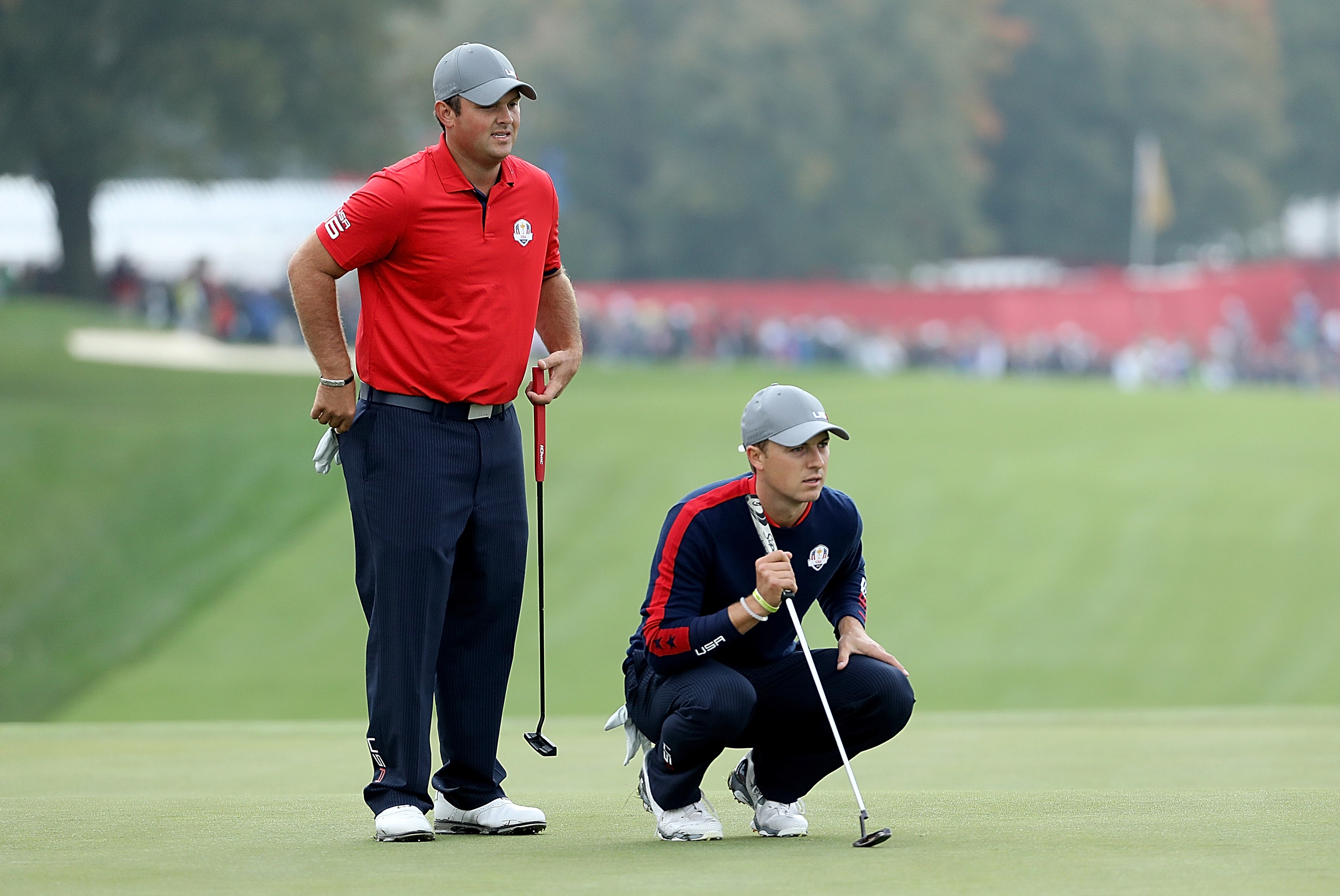 Patrick Reed and Jordan Spieth kept their unbeaten record as a duo at Hazeltine in the USA's opening foursomes sweep.