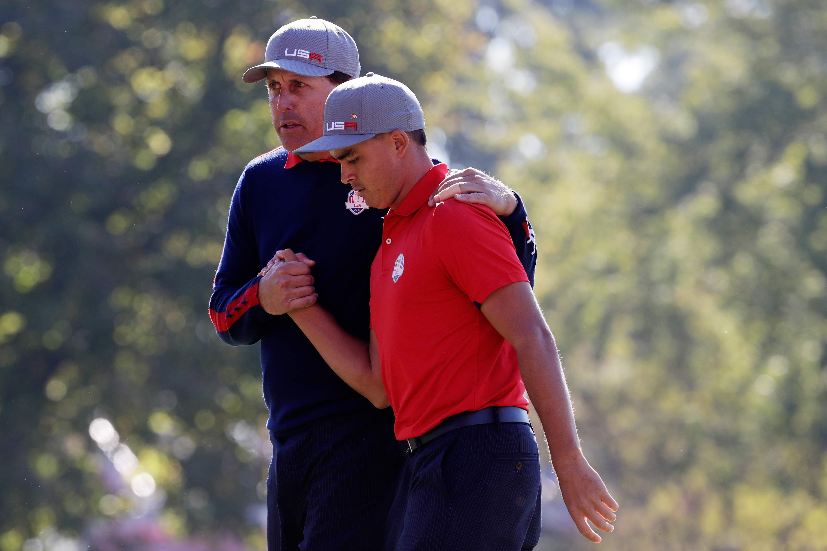 Phil Mickelson leaned on Rockie Fowler as the duo came back to complete the US whitewash on the opening morning.