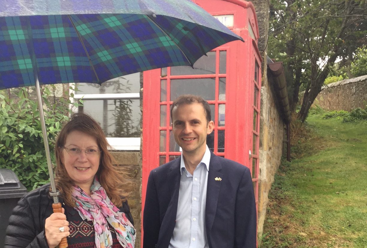 The removal of phone boxes is an issue across Scotland. Councillor Karen Marjoram and North East Fife MP Stephen Gethins are pictured at the Blebo Craigs phone box in Fife. Local residents are fighting for its retention.