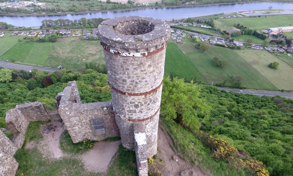 Aerial photo of Kinnoull Hill Tower with River Tay and A90 road beneath
