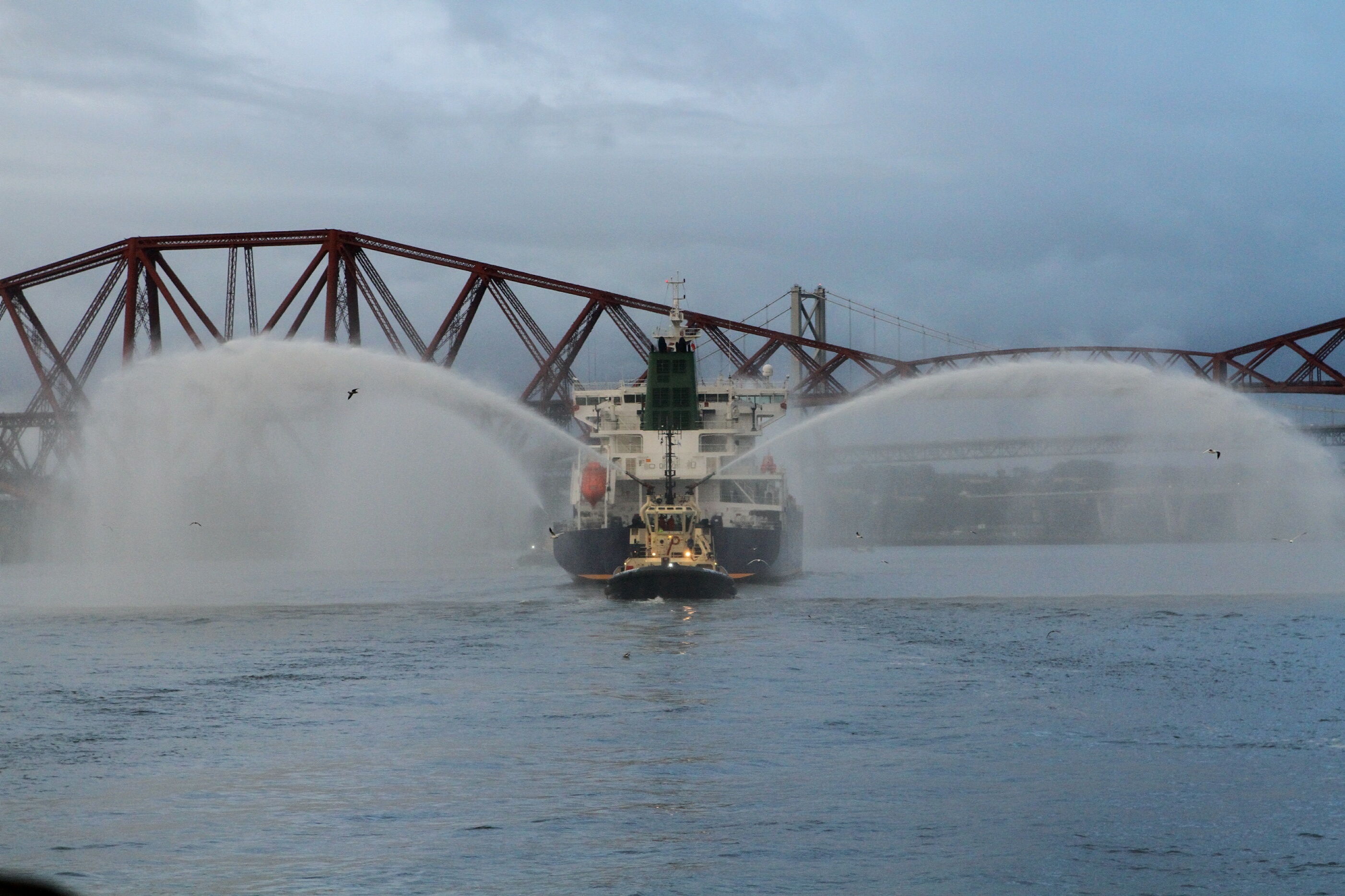 Water cannons mark the arrival of the INEOS Insight into Grangemouth