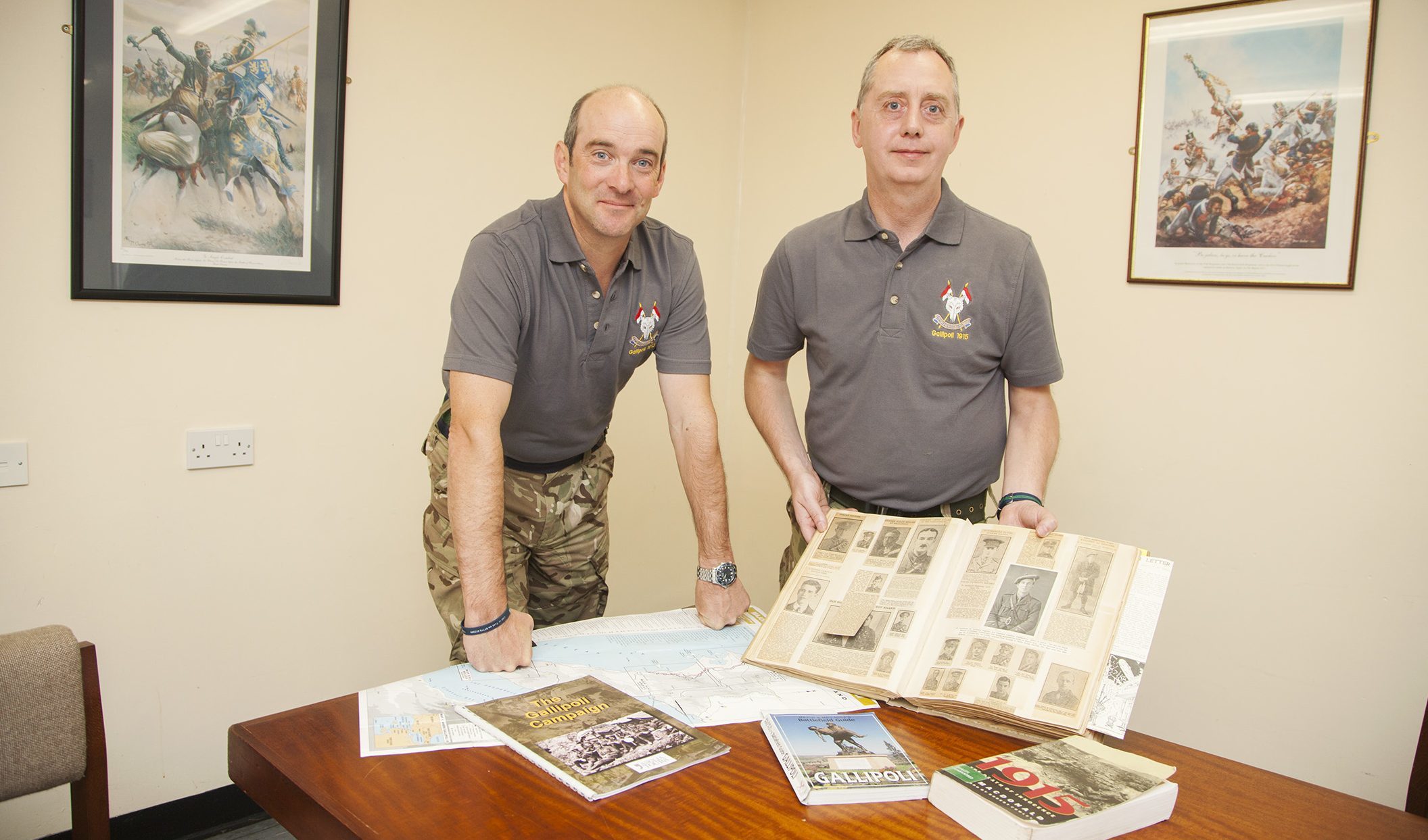 Picture shows Scottish and North Irish Yeomanry commanding officer Lt Col James Campbell Barnard (left) with Capatin Alex Nairn at Barry Buddon training camp and newspaper cuttings from the Dardanelles campaign