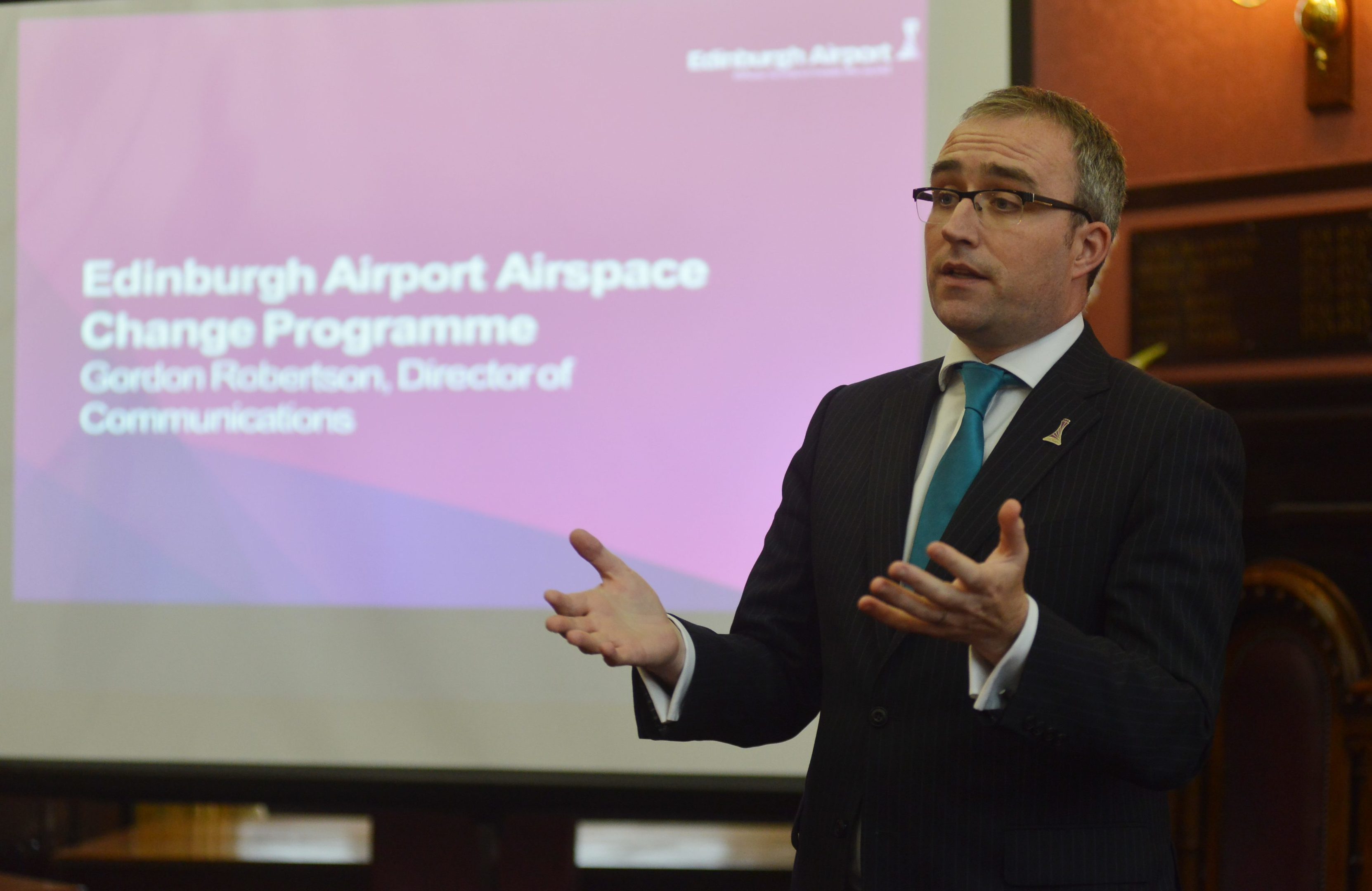 Edinburgh Airport director of communications Gordon Robertson consulting public over changes to flight paths at Dunfermline City Chambers.