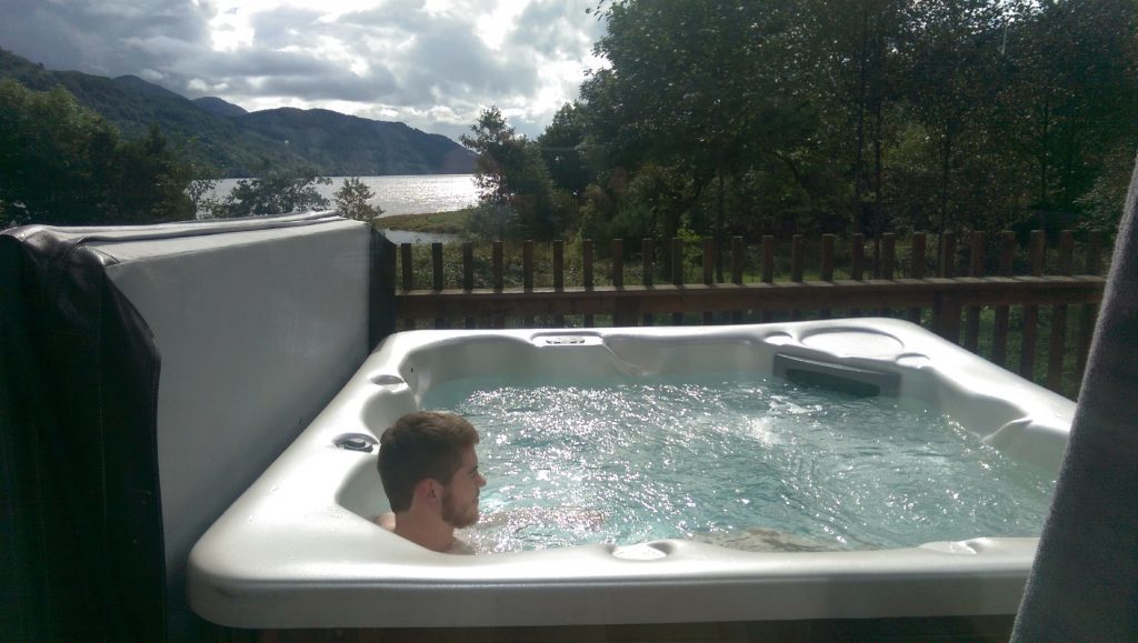 Terry's son James relaxes in the hot tub.