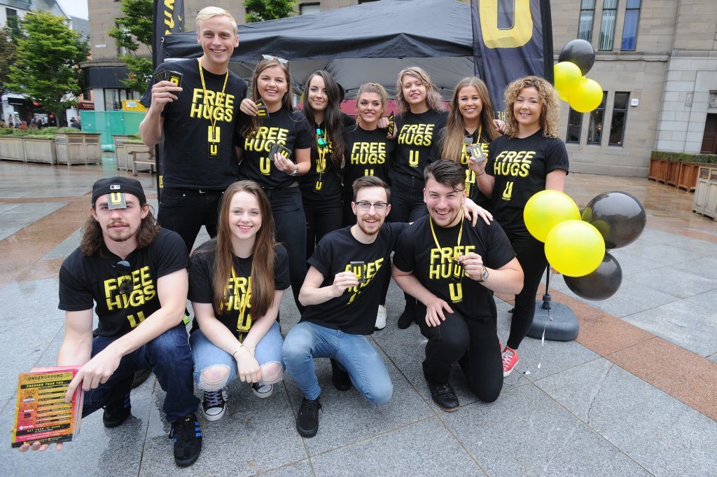 Courier News - Dundee - Dundee story - the University of Dundee gave a welcome in the Caird Hall to fresher students arriving to study in the city for the first time. Picture Shows; the team from the Underground who were welcoming students, City Square, Dundee, Monday 05 September 2016