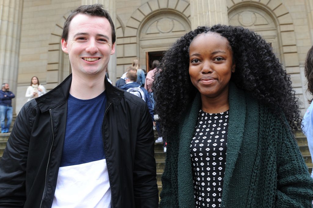 Courier News - Dundee - Dundee story - the University of Dundee gave a welcome in the Caird Hall to fresher students arriving to study in the city for the first time. Picture Shows; l to r - Harry Salisbury and Mukha Tshikhuda, City Square, Dundee, Monday 05 September 2016
