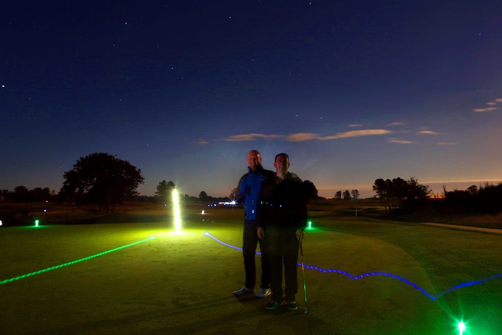 The fairways and hazards were marked out with LEDs and glowing golf balls were used by players including Craig Hill, organiser of the event and John McLennan, seen on the first green