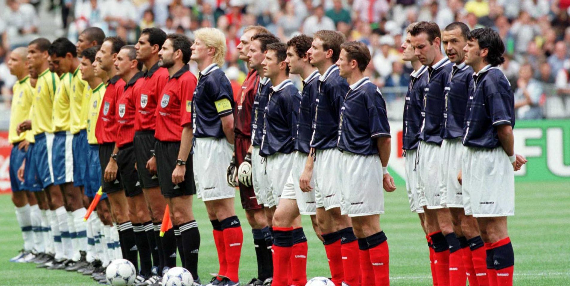 Scotland and Brazil line up before they play in the opening game of the 1998 World Cup - the last time Scotland qualified for a major finals