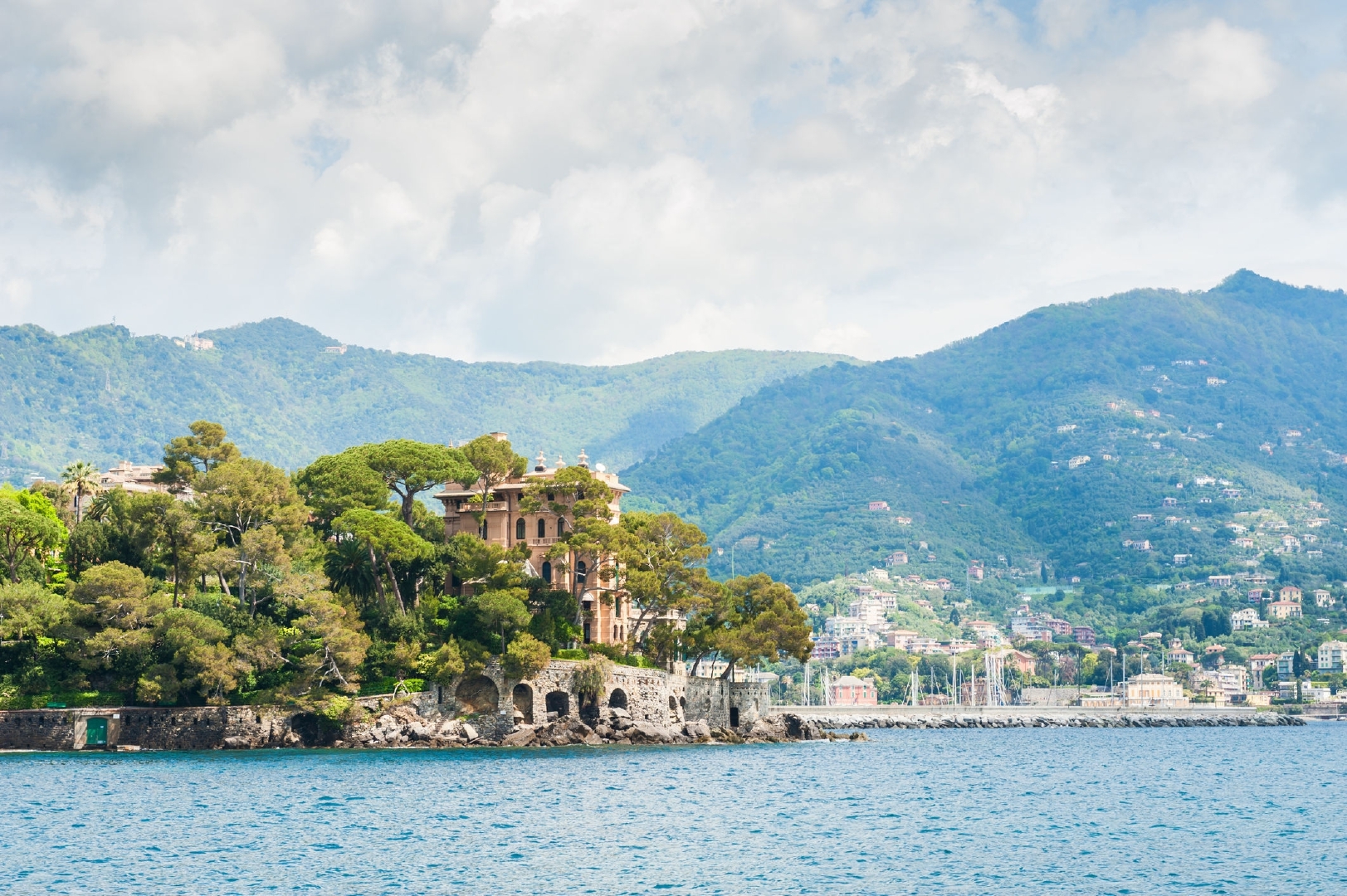 The beautiful view of the sea coast and mountains in Rapallo, Ligurian coast, Italy.