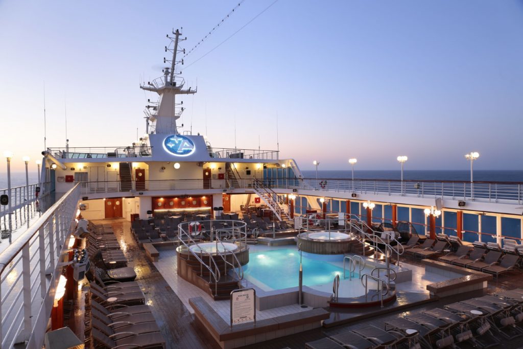 The pool deck on a Azamara Club Cruise ship. 