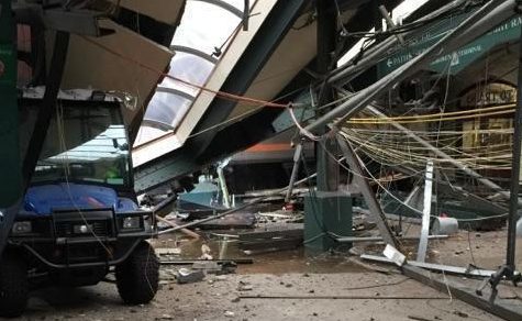 This Thursday, Sept. 29, 2016 photo provided by a passenger who was on the train when it crashed shows wreckage at the Hoboken, N.J. rail station. 