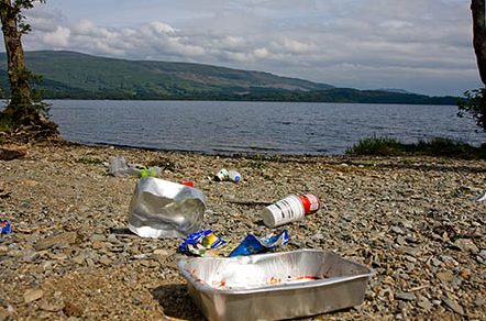 Litter on the shore of Loch Lomond where wild camping has been restricted by bye laws.