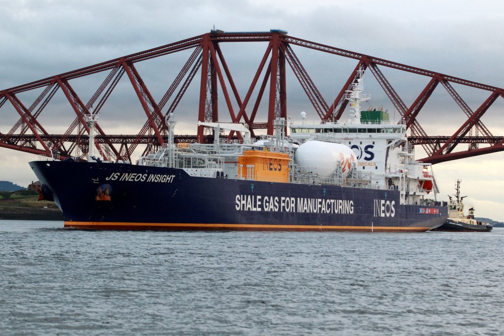 The Ineos Insight gas carrier arrives at Grangemouth coming under the Forth Rail Bridge with the first with shipment in a 'virtual pipeline'. 