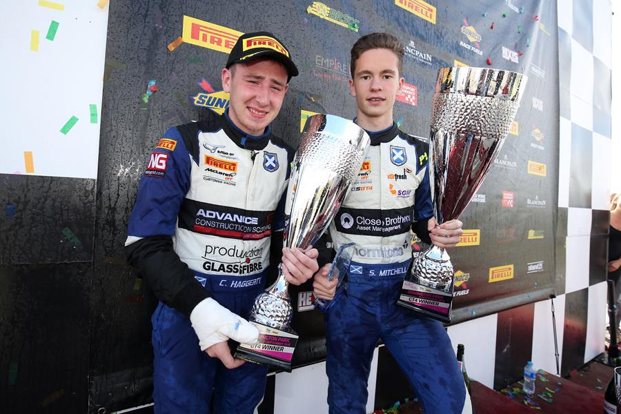 Ciaran Haggerty (left) and Sandy Mitchell celebrate victory at Donington in 2016